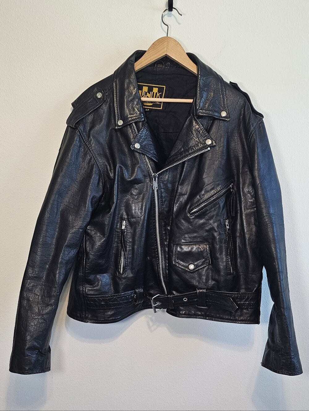 Vintage UNIK Black Leather Motorcycle Jacket Size 50 XXL Heavyweight Biker